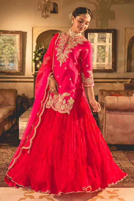 Buy Surbhi Shah Pink Cotton, Kota Doria, Silk Pearls, Zari, Embroidery Split Kurta Skirt Set Buy_Surbhi Shah_Pink Cotton, Kota Doria, Silk Pearls, Zari, Embroidery Split Kurta Skirt Set