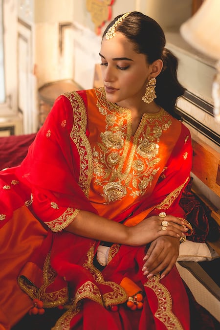 Surbhi Shah_Orange Silk, Cotton, Chiffon Pearls, Mirrors, Embroidery, Colorblock Kurta Set _at_Aza_Fashions