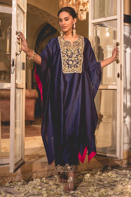 Buy_Surbhi Shah_Blue Silk, Cotton, Satin Embroidery, Zari Zardozi Kaftan And Pant Set _Online_at_Aza_Fashions