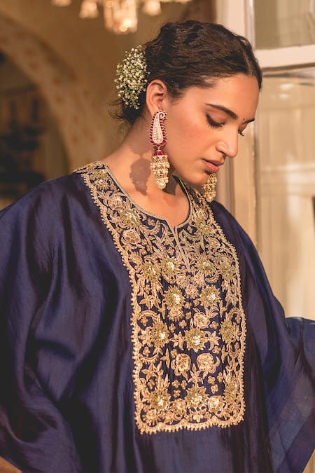 Shop_Surbhi Shah_Blue Silk, Cotton, Satin Embroidery, Zari Zardozi Kaftan And Pant Set _Online_at_Aza_Fashions