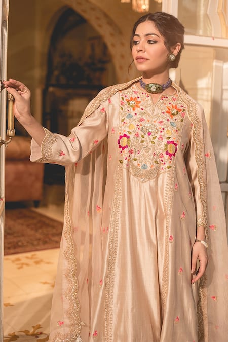 Shop_Surbhi Shah_Silver Cotton, Silk Embroidery Mandarin Collar Floral Yoke Anarkali Set _Online_at_Aza_Fashions