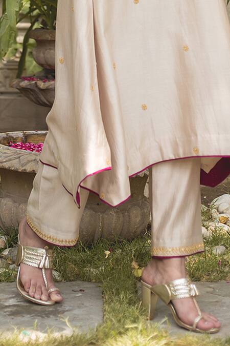 Surbhi Shah_Beige Chanderi, Kota Doria Lace, Embroidery, Tassels Banarasi Kurta And Pant Set _Online_at_Aza_Fashions