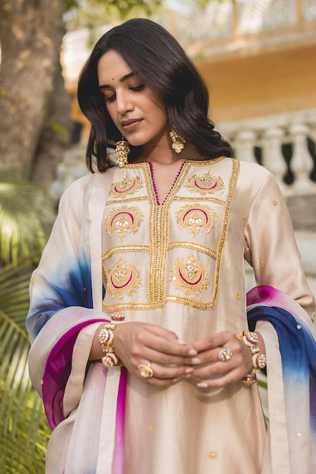 Shop_Surbhi Shah_Beige Chanderi, Kota Doria Lace, Embroidery, Tassels Banarasi Kurta And Pant Set _Online_at_Aza_Fashions