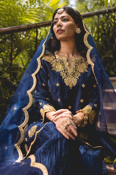 Surbhi Shah_Blue Chanderi Lace, Embroidery, Tassels Split Banarasi Kurta And Sharara Set _Online_at_Aza_Fashions