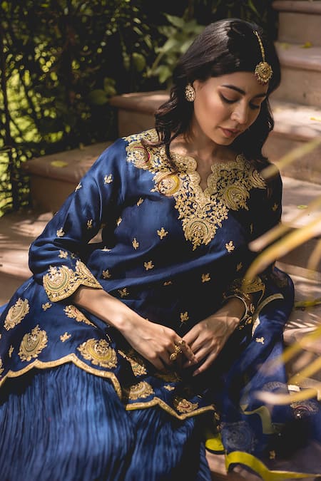 Buy_Surbhi Shah_Blue Chanderi Lace, Embroidery, Tassels Split Banarasi Kurta And Sharara Set _Online_at_Aza_Fashions
