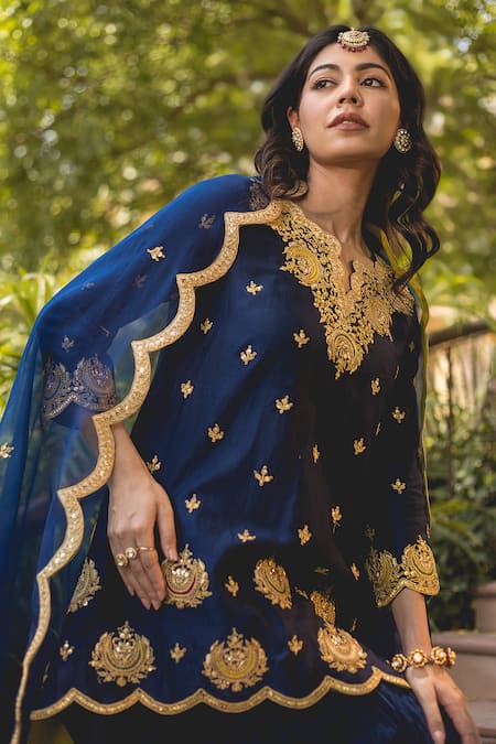 Shop_Surbhi Shah_Blue Chanderi Lace, Embroidery, Tassels Split Banarasi Kurta And Sharara Set _Online_at_Aza_Fashions