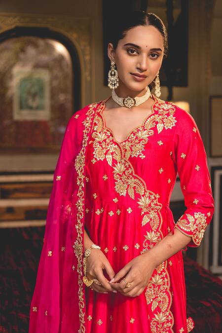 Surbhi Shah_Red Spandex Pearls, Embroidery, Gota Patti V-neck Marori Angarkha And Pant Set _Online_at_Aza_Fashions