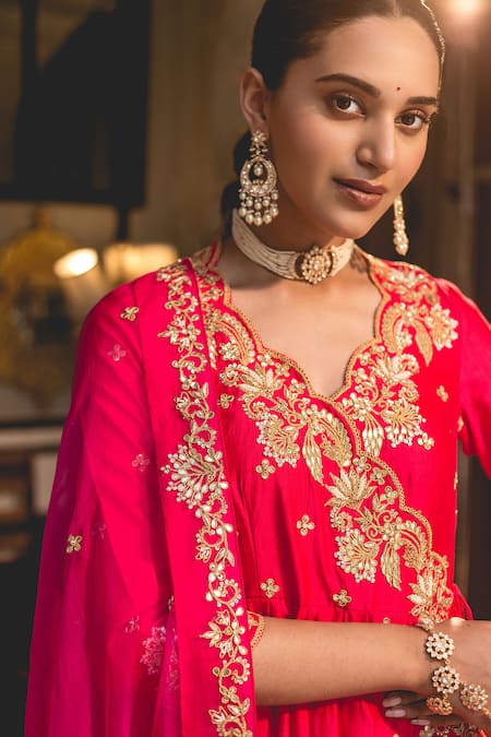 Buy_Surbhi Shah_Red Spandex Pearls, Embroidery, Gota Patti V-neck Marori Angarkha And Pant Set _Online_at_Aza_Fashions