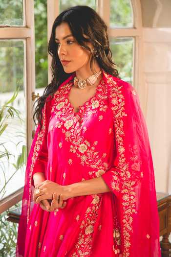 Surbhi Shah Pink Silk Pearls, Embroidery, Gota Patti V-neck Floral Angarkha And Pant Set Online at Aza Fashions Surbhi Shah_Pink Silk Pearls, Embroidery, Gota Patti V-neck Floral Angarkha And Pant Set _Online_at_Aza_Fashions