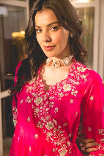 Buy Surbhi Shah Pink Silk Pearls, Embroidery, Gota Patti V-neck Floral Angarkha And Pant Set Online at Aza Fashions Buy_Surbhi Shah_Pink Silk Pearls, Embroidery, Gota Patti V-neck Floral Angarkha And Pant Set _Online_at_Aza_Fashions