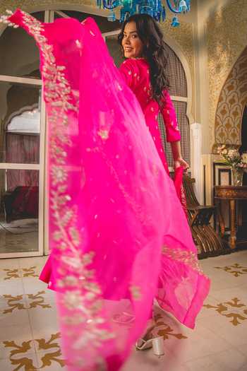 Shop Surbhi Shah Pink Silk Pearls, Embroidery, Gota Patti V-neck Floral Angarkha And Pant Set Online at Aza Fashions Shop_Surbhi Shah_Pink Silk Pearls, Embroidery, Gota Patti V-neck Floral Angarkha And Pant Set _Online_at_Aza_Fashions