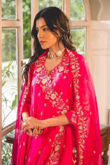 Surbhi Shah Pink Silk Pearls, Embroidery, Gota Patti V-neck Floral Angarkha And Pant Set at Aza Fashions Surbhi Shah_Pink Silk Pearls, Embroidery, Gota Patti V-neck Floral Angarkha And Pant Set _at_Aza_Fashions
