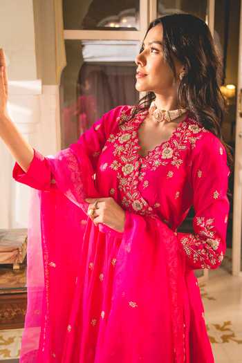 Buy Surbhi Shah Pink Silk Pearls, Embroidery, Gota Patti V-neck Floral Angarkha And Pant Set Buy_Surbhi Shah_Pink Silk Pearls, Embroidery, Gota Patti V-neck Floral Angarkha And Pant Set