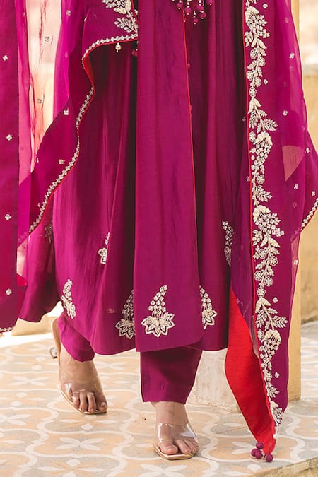 Surbhi Shah Purple Chanderi Zari, Embroidery Round Neck Zardosi Anarkali And Pant Set Online at Aza Fashions Surbhi Shah_Purple Chanderi Zari, Embroidery Round Neck Zardosi Anarkali And Pant Set _Online_at_Aza_Fashions