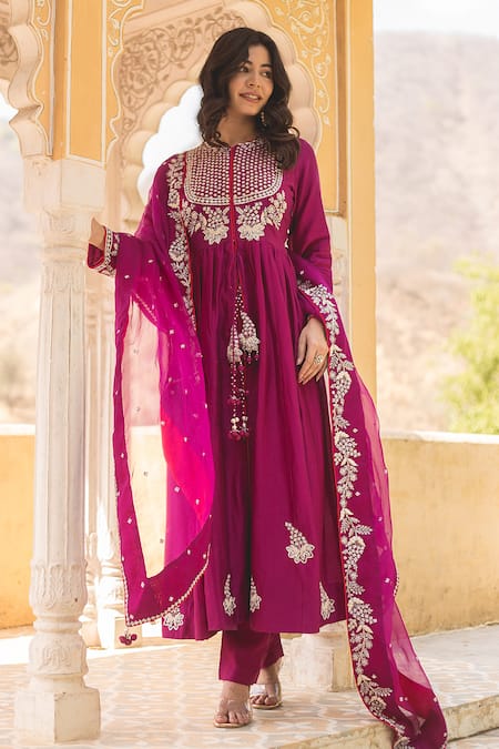 Buy Surbhi Shah Purple Chanderi Zari, Embroidery Round Neck Zardosi Anarkali And Pant Set Online at Aza Fashions Buy_Surbhi Shah_Purple Chanderi Zari, Embroidery Round Neck Zardosi Anarkali And Pant Set _Online_at_Aza_Fashions