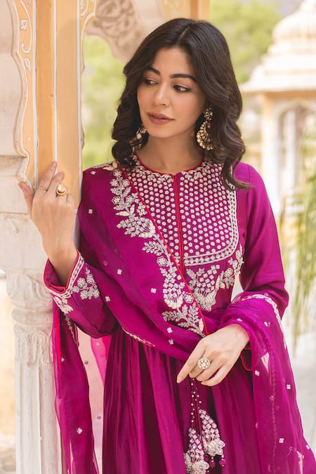 Shop Surbhi Shah Purple Chanderi Zari, Embroidery Round Neck Zardosi Anarkali And Pant Set Online at Aza Fashions Shop_Surbhi Shah_Purple Chanderi Zari, Embroidery Round Neck Zardosi Anarkali And Pant Set _Online_at_Aza_Fashions