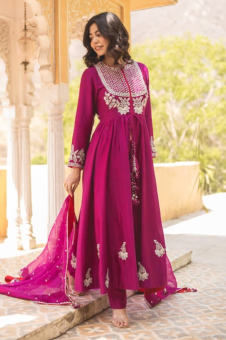 Surbhi Shah Purple Chanderi Zari, Embroidery Round Neck Zardosi Anarkali And Pant Set at Aza Fashions Surbhi Shah_Purple Chanderi Zari, Embroidery Round Neck Zardosi Anarkali And Pant Set _at_Aza_Fashions