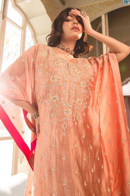 Buy Surbhi Shah Peach Spun Silk Embroidery Floral Notched Pearl Kaftan With Pant Online at Aza Fashions Buy_Surbhi Shah_Peach Spun Silk Embroidery Floral Notched Pearl Kaftan With Pant _Online_at_Aza_Fashions