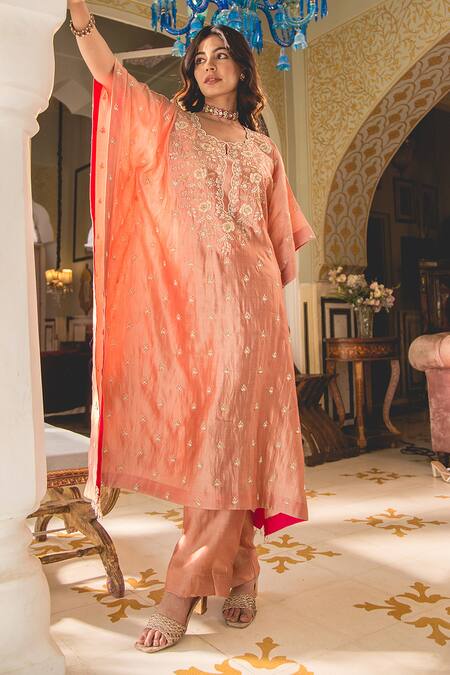 Shop Surbhi Shah Peach Spun Silk Embroidery Floral Notched Pearl Kaftan With Pant Online at Aza Fashions Shop_Surbhi Shah_Peach Spun Silk Embroidery Floral Notched Pearl Kaftan With Pant _Online_at_Aza_Fashions