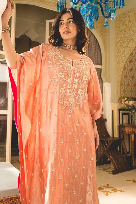Surbhi Shah Peach Spun Silk Embroidery Floral Notched Pearl Kaftan With Pant at Aza Fashions Surbhi Shah_Peach Spun Silk Embroidery Floral Notched Pearl Kaftan With Pant _at_Aza_Fashions