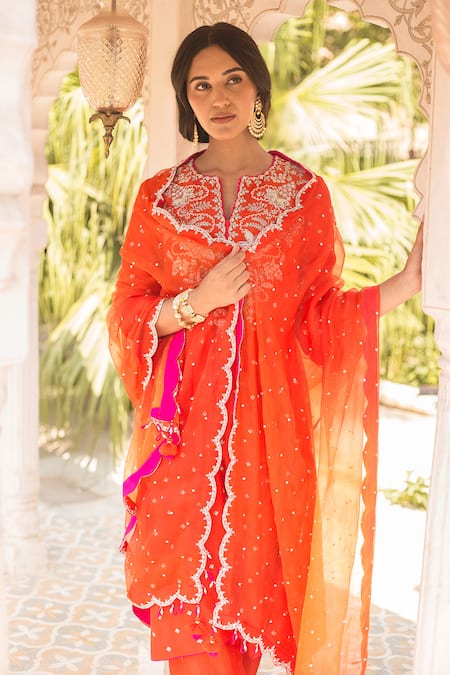 Buy_Surbhi Shah_Orange Chanderi Embroidery Split V-neck Banarasi Zardosi Kurta And Pant Set _Online_at_Aza_Fashions