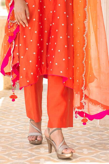Shop_Surbhi Shah_Orange Chanderi Embroidery Split V-neck Banarasi Zardosi Kurta And Pant Set _Online_at_Aza_Fashions
