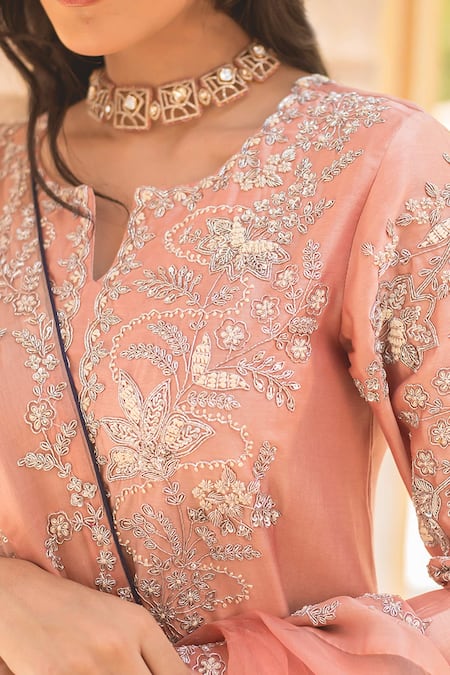 Surbhi Shah Pink Chanderi Zari, Embroidery Split V-neck Zardosi Kurta And Crush Sharara Set Online at Aza Fashions Surbhi Shah_Pink Chanderi Zari, Embroidery Split V-neck Zardosi Kurta And Crush Sharara Set _Online_at_Aza_Fashions