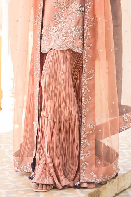 Buy Surbhi Shah Pink Chanderi Zari, Embroidery Split V-neck Zardosi Kurta And Crush Sharara Set Online at Aza Fashions Buy_Surbhi Shah_Pink Chanderi Zari, Embroidery Split V-neck Zardosi Kurta And Crush Sharara Set _Online_at_Aza_Fashions