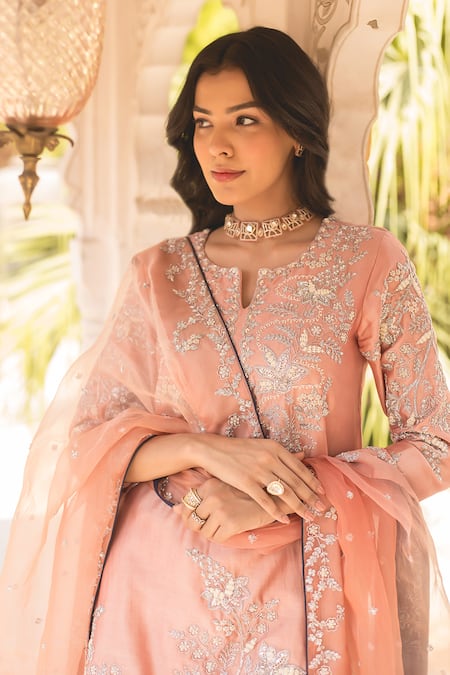 Shop Surbhi Shah Pink Chanderi Zari, Embroidery Split V-neck Zardosi Kurta And Crush Sharara Set Online at Aza Fashions Shop_Surbhi Shah_Pink Chanderi Zari, Embroidery Split V-neck Zardosi Kurta And Crush Sharara Set _Online_at_Aza_Fashions