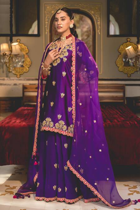 Buy_Surbhi Shah_Purple Organza, Spandex Embroidery, Tassels Split Marori Kurta And Sharara Set _Online_at_Aza_Fashions