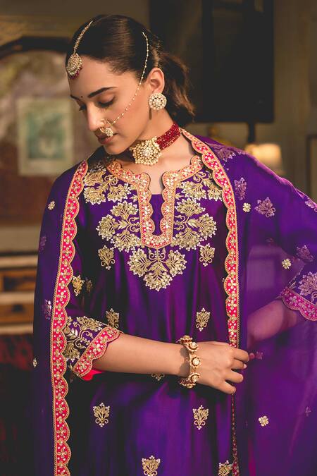 Shop_Surbhi Shah_Purple Organza, Spandex Embroidery, Tassels Split Marori Kurta And Sharara Set _Online_at_Aza_Fashions