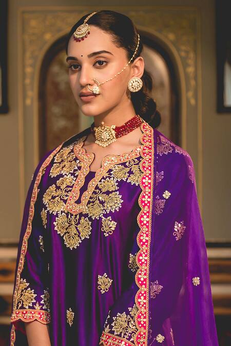 Surbhi Shah_Purple Organza, Spandex Embroidery, Tassels Split Marori Kurta And Sharara Set _at_Aza_Fashions