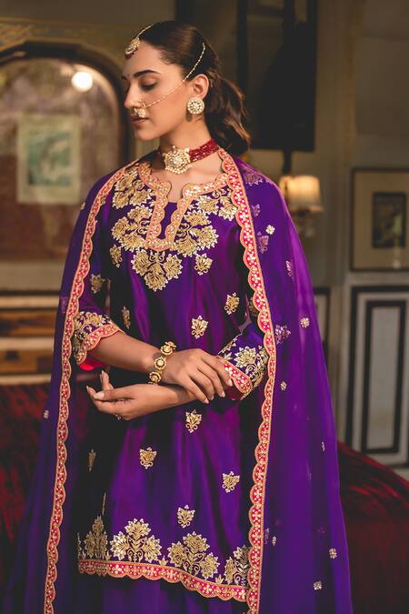 Buy_Surbhi Shah_Purple Organza, Spandex Embroidery, Tassels Split Marori Kurta And Sharara Set 