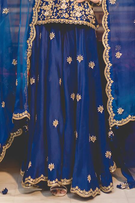 Surbhi Shah Blue Organza, Spandex Gota Patti, Pearls Embroidered Short Kurta And Sharara Set Online at Aza Fashions Surbhi Shah_Blue Organza, Spandex Gota Patti, Pearls Embroidered Short Kurta And Sharara Set _Online_at_Aza_Fashions