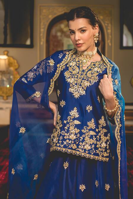 Buy Surbhi Shah Blue Organza, Spandex Gota Patti, Pearls Embroidered Short Kurta And Sharara Set Online at Aza Fashions Buy_Surbhi Shah_Blue Organza, Spandex Gota Patti, Pearls Embroidered Short Kurta And Sharara Set _Online_at_Aza_Fashions