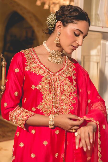 Surbhi Shah_Red Silk, Spandex, Chiffon Pearls, Embroidery, Marori Straight Kurta And Pant Set _Online_at_Aza_Fashions