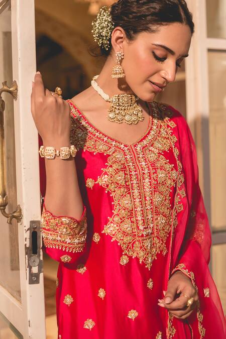Buy_Surbhi Shah_Red Silk, Spandex, Chiffon Pearls, Embroidery, Marori Straight Kurta And Pant Set _Online_at_Aza_Fashions
