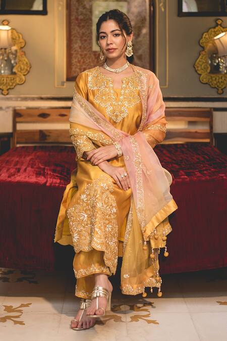 Surbhi Shah_Yellow Silk, Spandex, Chiffon Gota Patti, Pearls, Straight Kurta And Pant Set _Online_at_Aza_Fashions