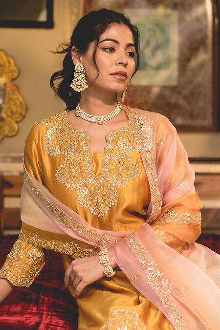 Shop_Surbhi Shah_Yellow Silk, Spandex, Chiffon Gota Patti, Pearls, Straight Kurta And Pant Set _Online_at_Aza_Fashions