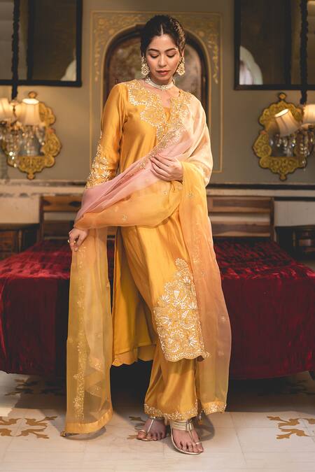 Buy_Surbhi Shah_Yellow Silk, Spandex, Chiffon Gota Patti, Pearls, Straight Kurta And Pant Set 