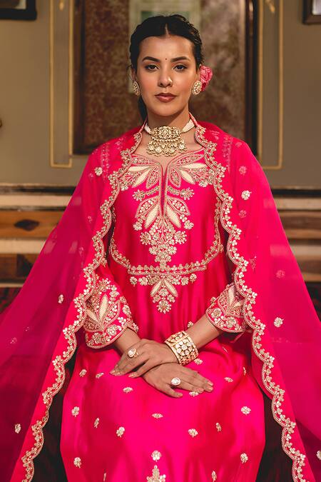 Surbhi Shah Pink Silk, Spandex Pearls, Embroidery, Sequins Anchor Straight Kurta And Pant Set Online at Aza Fashions Surbhi Shah_Pink Silk, Spandex Pearls, Embroidery, Sequins Anchor Straight Kurta And Pant Set _Online_at_Aza_Fashions