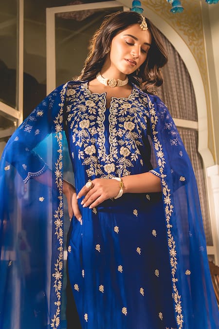 Shop_Surbhi Shah_Blue Spandex, Chiffon Pearls, Embroidery Split V-neck Straight Kurta And Pant _Online_at_Aza_Fashions