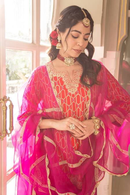 Surbhi Shah_Pink Spandex, Chiffon Embroidery, Cut Work, Cutdana Short Kurta And Sharara Set _Online_at_Aza_Fashions