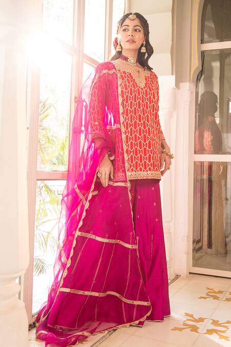 Buy_Surbhi Shah_Pink Spandex, Chiffon Embroidery, Cut Work, Cutdana Short Kurta And Sharara Set _Online_at_Aza_Fashions