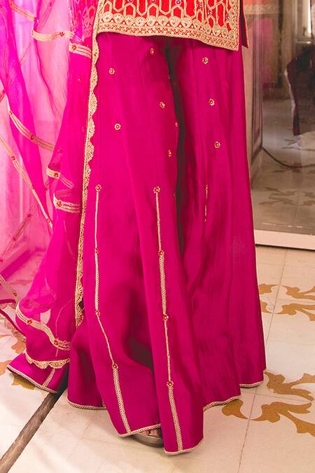 Shop_Surbhi Shah_Pink Spandex, Chiffon Embroidery, Cut Work, Cutdana Short Kurta And Sharara Set _Online_at_Aza_Fashions