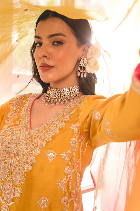 Surbhi Shah Yellow Silk, Spandex, Chiffon Cut Work, Marori Straight Kurta And Pant Set Online at Aza Fashions Surbhi Shah_Yellow Silk, Spandex, Chiffon Cut Work, Marori Straight Kurta And Pant Set _Online_at_Aza_Fashions
