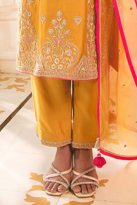 Buy Surbhi Shah Yellow Silk, Spandex, Chiffon Cut Work, Marori Straight Kurta And Pant Set Online at Aza Fashions Buy_Surbhi Shah_Yellow Silk, Spandex, Chiffon Cut Work, Marori Straight Kurta And Pant Set _Online_at_Aza_Fashions