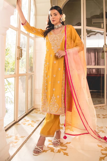 Shop Surbhi Shah Yellow Silk, Spandex, Chiffon Cut Work, Marori Straight Kurta And Pant Set Online at Aza Fashions Shop_Surbhi Shah_Yellow Silk, Spandex, Chiffon Cut Work, Marori Straight Kurta And Pant Set _Online_at_Aza_Fashions