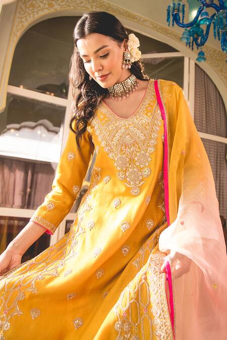 Surbhi Shah Yellow Silk, Spandex, Chiffon Cut Work, Marori Straight Kurta And Pant Set at Aza Fashions Surbhi Shah_Yellow Silk, Spandex, Chiffon Cut Work, Marori Straight Kurta And Pant Set _at_Aza_Fashions