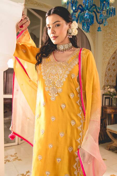 Buy Surbhi Shah Yellow Silk, Spandex, Chiffon Cut Work, Marori Straight Kurta And Pant Set Buy_Surbhi Shah_Yellow Silk, Spandex, Chiffon Cut Work, Marori Straight Kurta And Pant Set